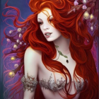 Portrait of woman with red hair, jewelry, bubbles, and butterflies