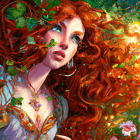 Colorful portrait of woman with flowing hair and autumn leaves for a whimsical feel