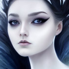 Digital artwork features woman with pale skin, dark hair, captivating eyes, and white rose in hair on