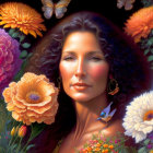 Portrait of a Woman with Flowers, Butterflies, and Bird in Mystical Setting