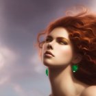 Woman with Voluminous Red Hair and Blue Eyes Wearing Green Earrings