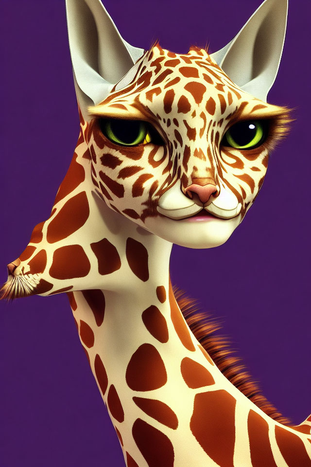 Realistic Giraffe with Feline Features on Purple Background