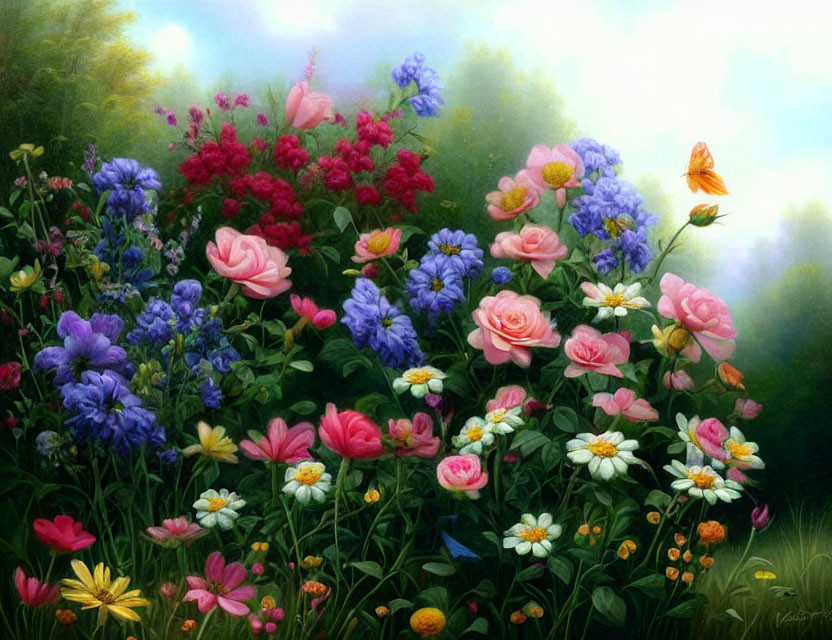 Colorful Flowers and Butterflies in Vibrant Garden Scene