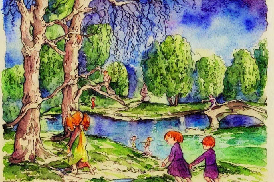 Colorful watercolor painting of children playing in park with bridge, trees, and blue sky