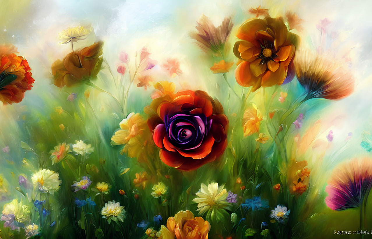 Impressionistic painting of lush flower field with dark red rose