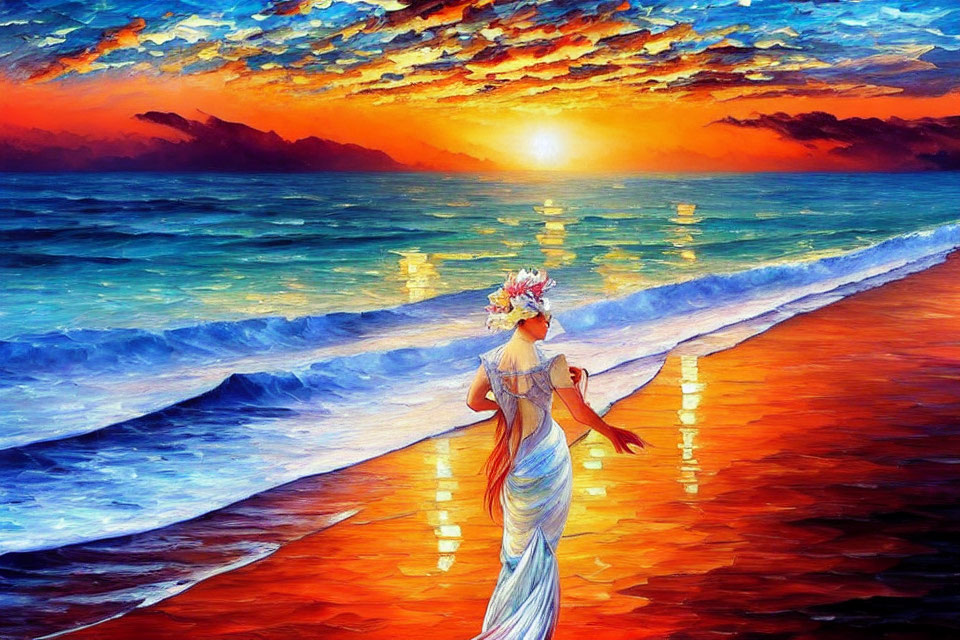Woman in flowing dress walks on shoreline at sunset with vibrant orange clouds.