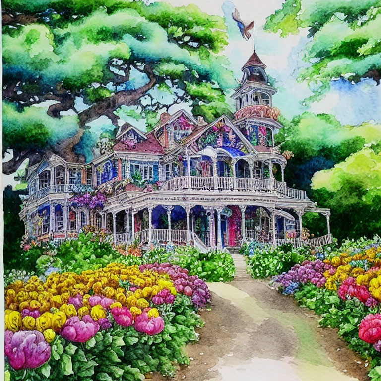 Victorian-style house watercolor painting with lush gardens
