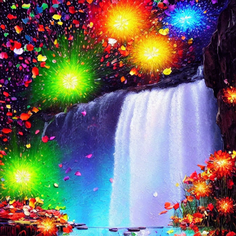 Colorful Waterfall Painting with Illuminated Flowers and Leaves