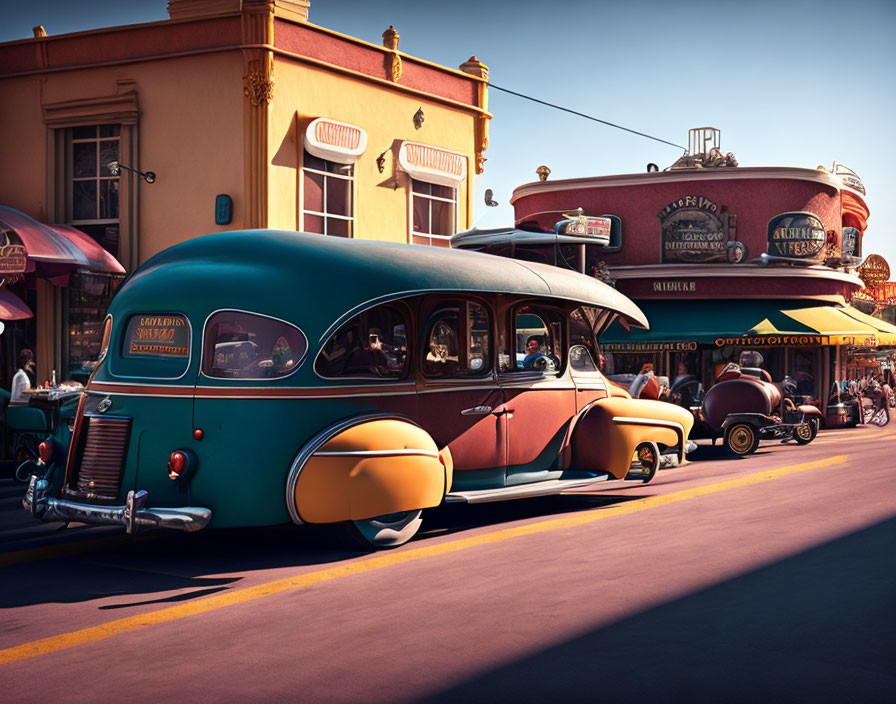 Classic Cars Drive Past Retro Buildings in Vintage Scene