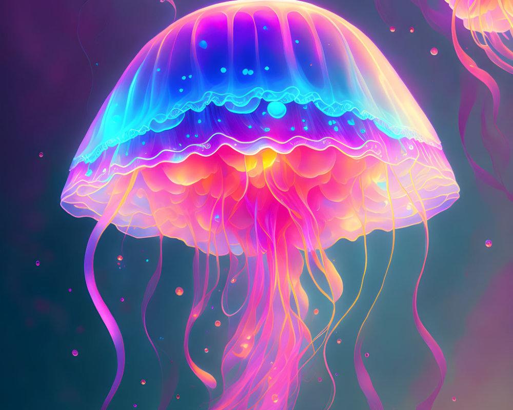 Colorful jellyfish artwork in blue, purple, and pink hues on dark background