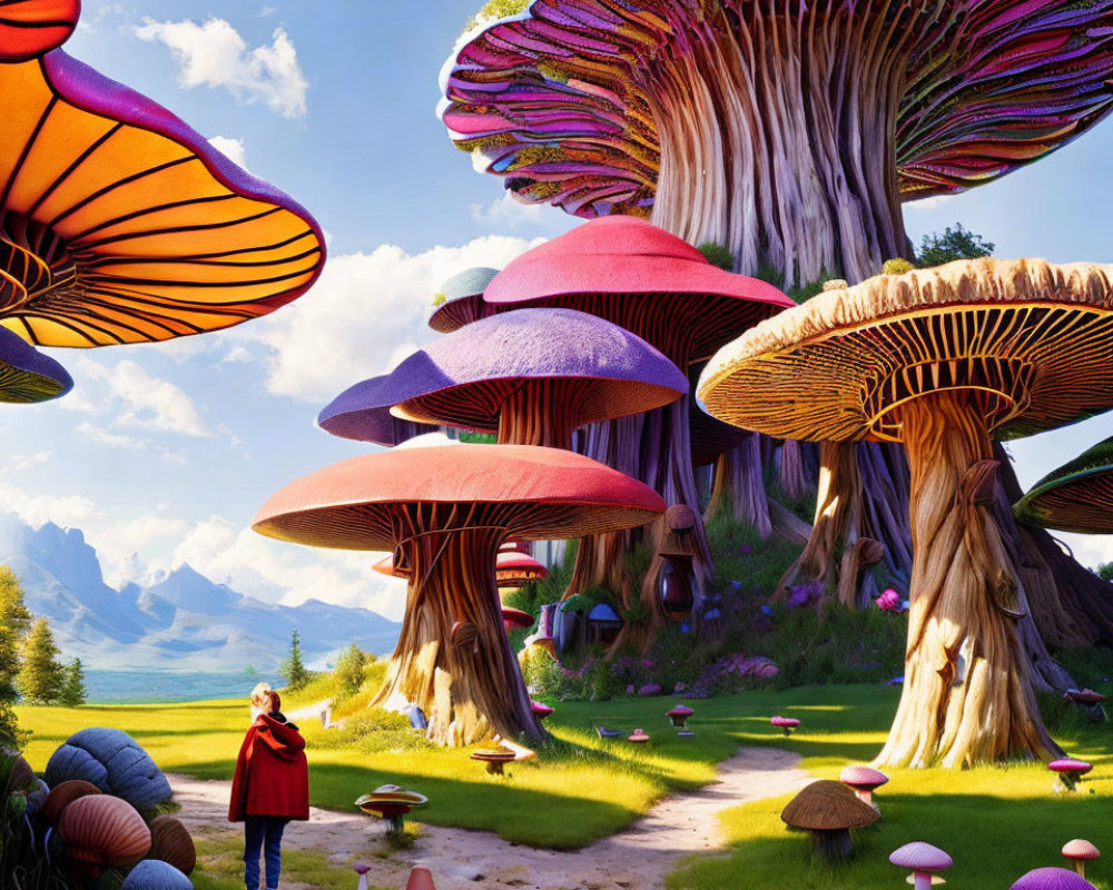 Person in red jacket in vibrant fantastical forest with colorful mushrooms under blue sky.