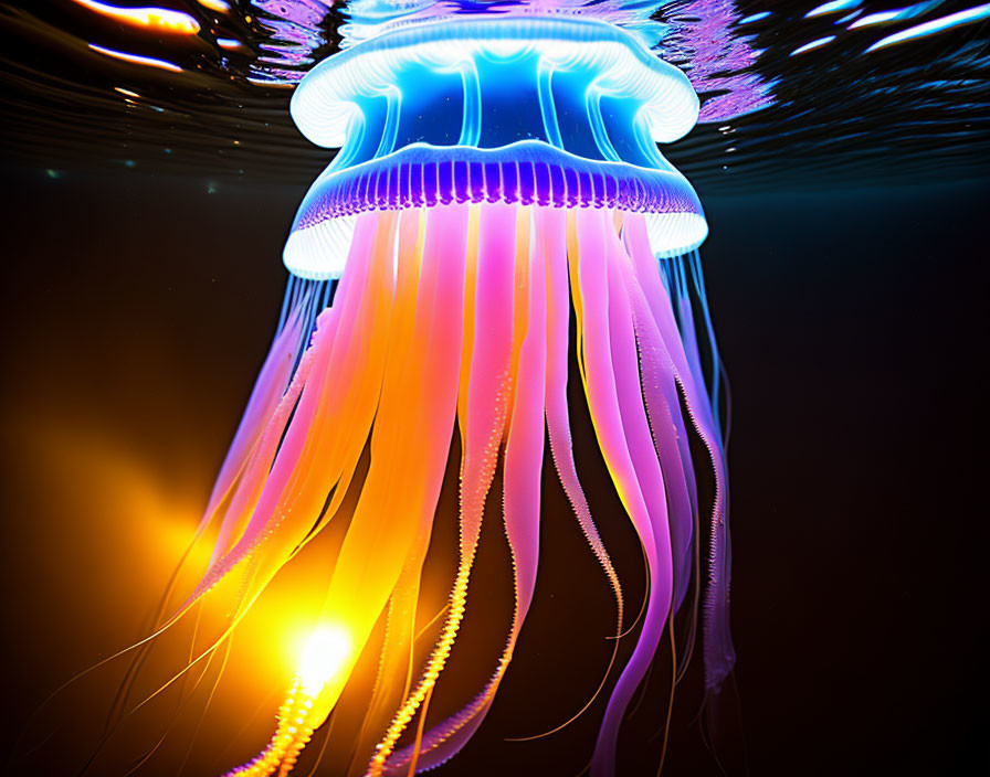 Colorful Jellyfish Glowing Underwater with Light Reflections