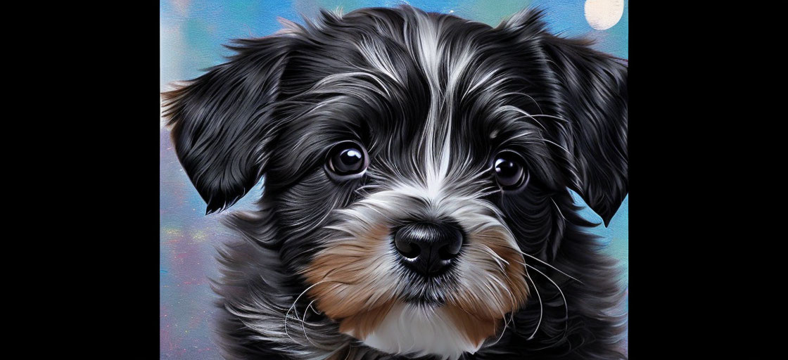 Detailed black and gray puppy painting on speckled blue background