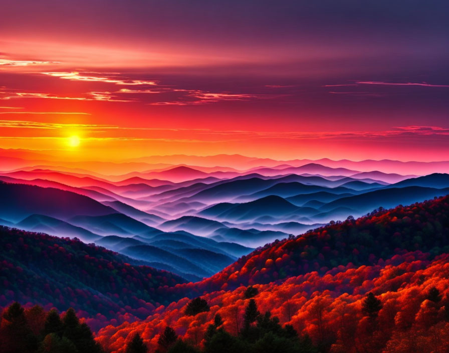 Scenic sunset over misty mountains with autumn trees