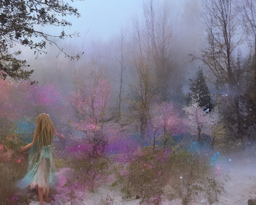 Girl in Pastel Dress in Mystical Foggy Landscape with Colorful Lights
