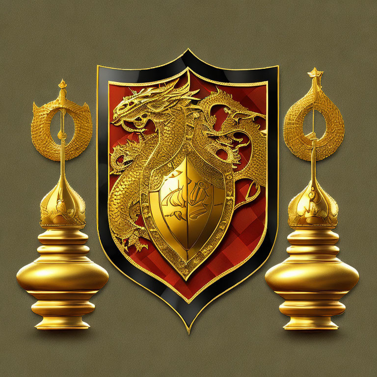 Golden Dragon Emblem on Red Shield with Thai-Style Ornaments on Beige Background