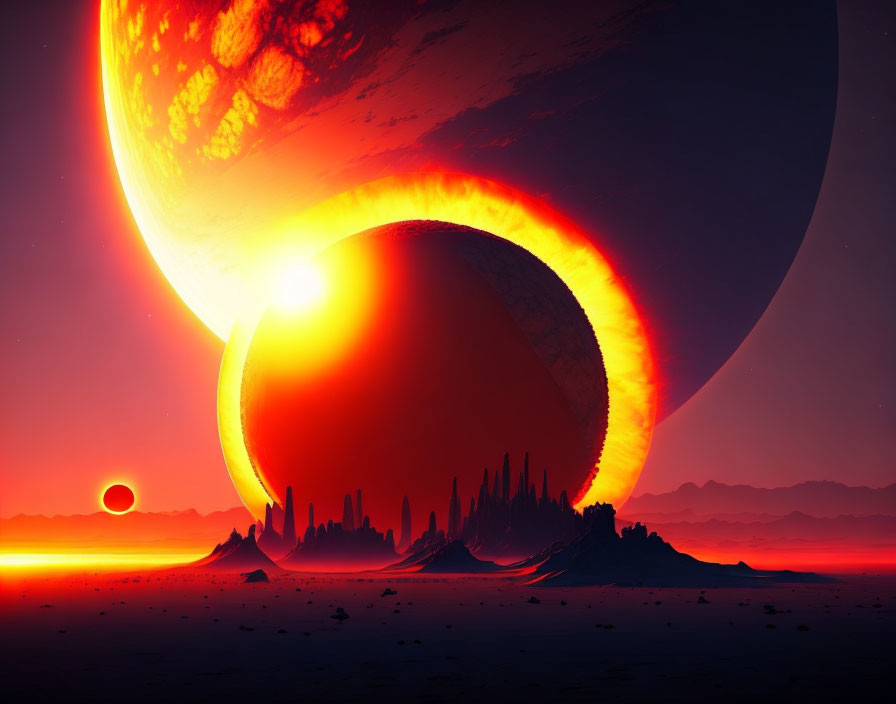 Sci-fi landscape with celestial bodies over rocky terrain in red and orange hues
