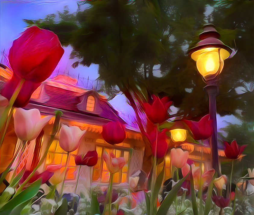Warm Glowing Lamp Keeping Post Over Tulips