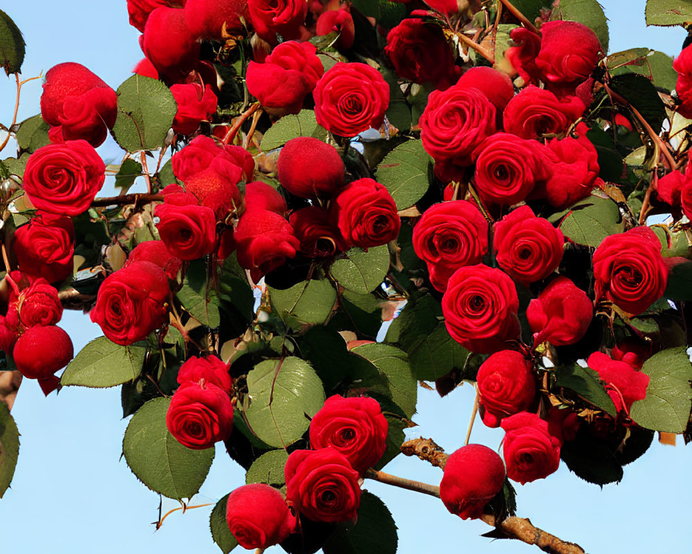 Vibrant red roses in full bloom with green leaves on blue sky.