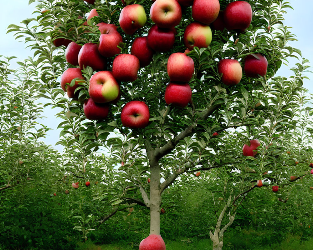 Lush Apple Orchard with Ripe Red Apples and Pathway