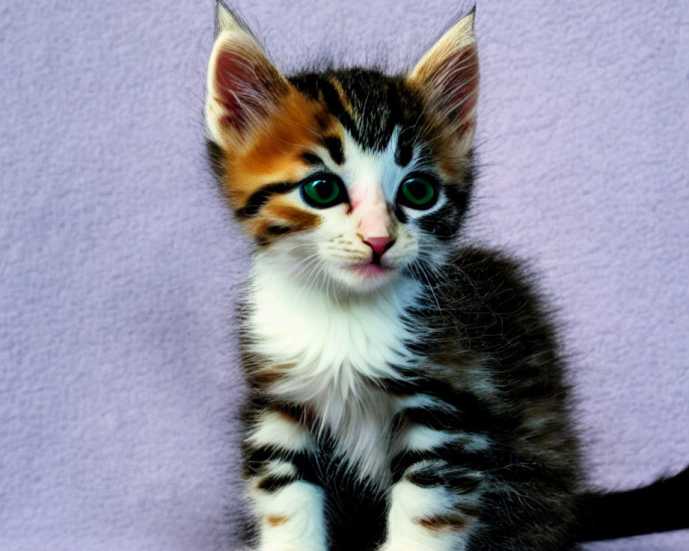 Adorable tricolored kitten on purple background