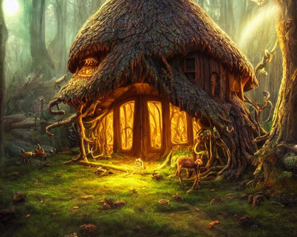 Enchanting forest scene with whimsical treehouse and glowing vines