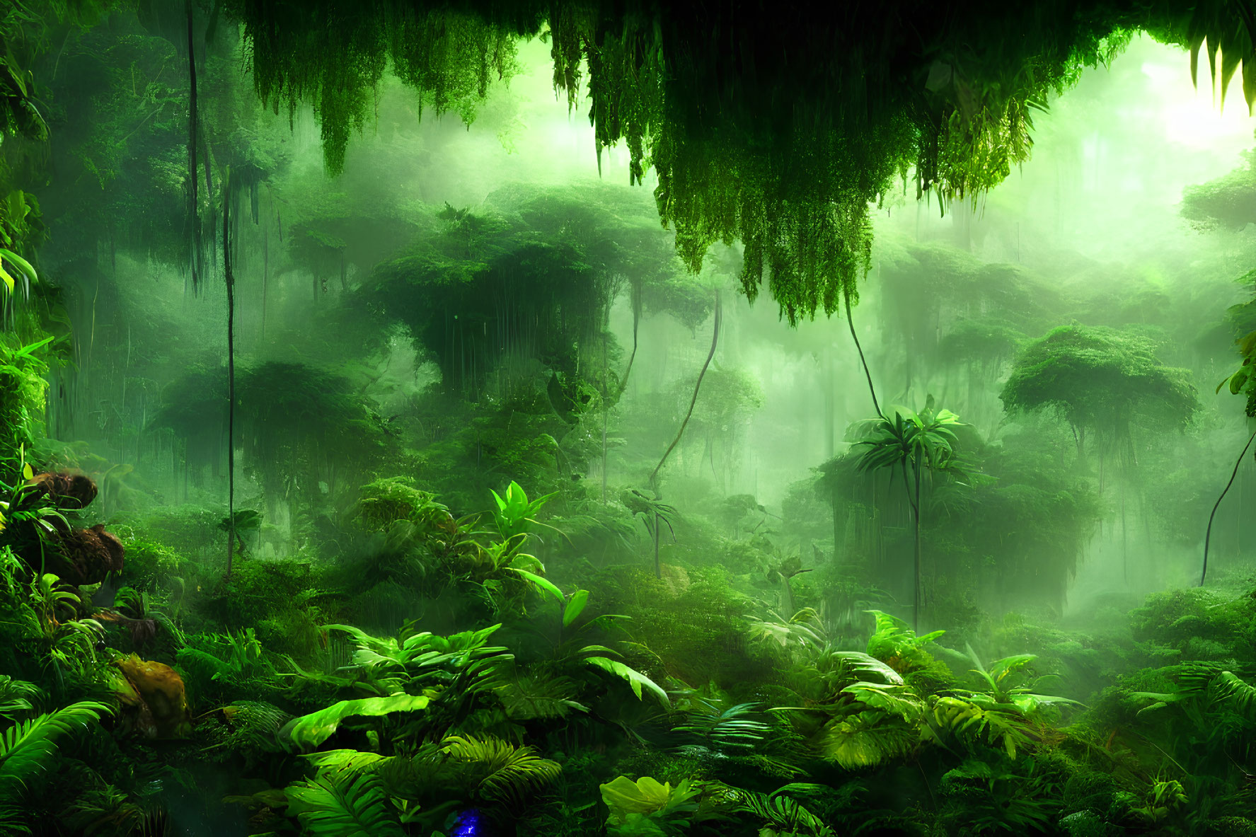 Lush Jungle Scene with Hanging Vines and Misty Atmosphere