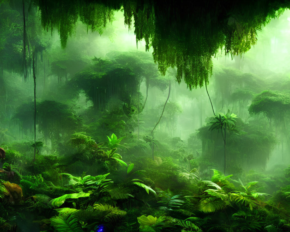 Lush Jungle Scene with Hanging Vines and Misty Atmosphere