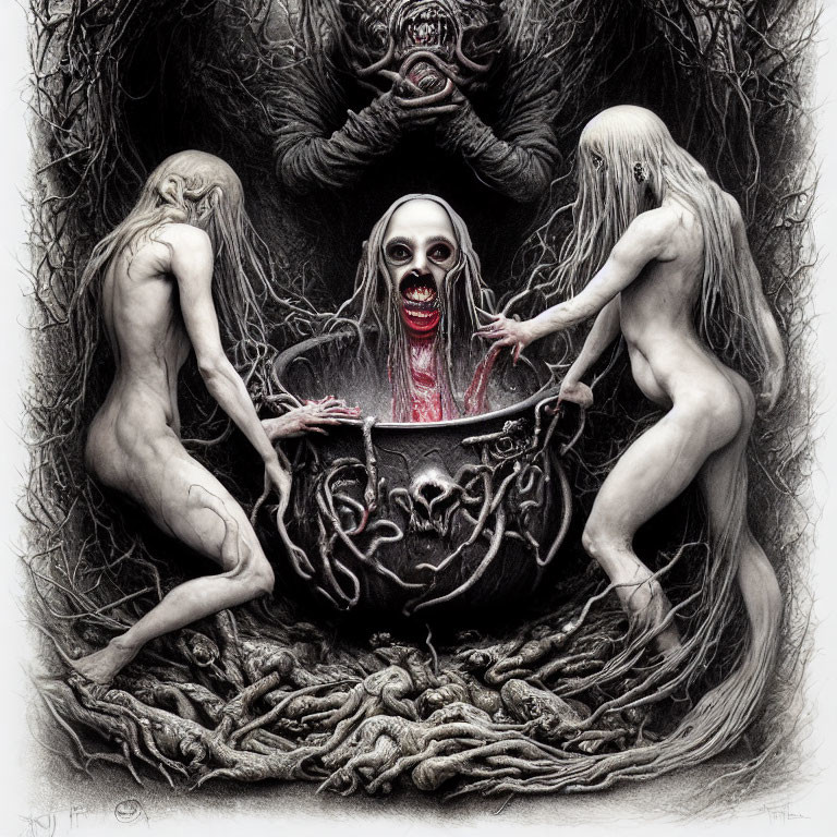Monochrome fantasy art of three emaciated humanoid creatures in a ghastly scene.