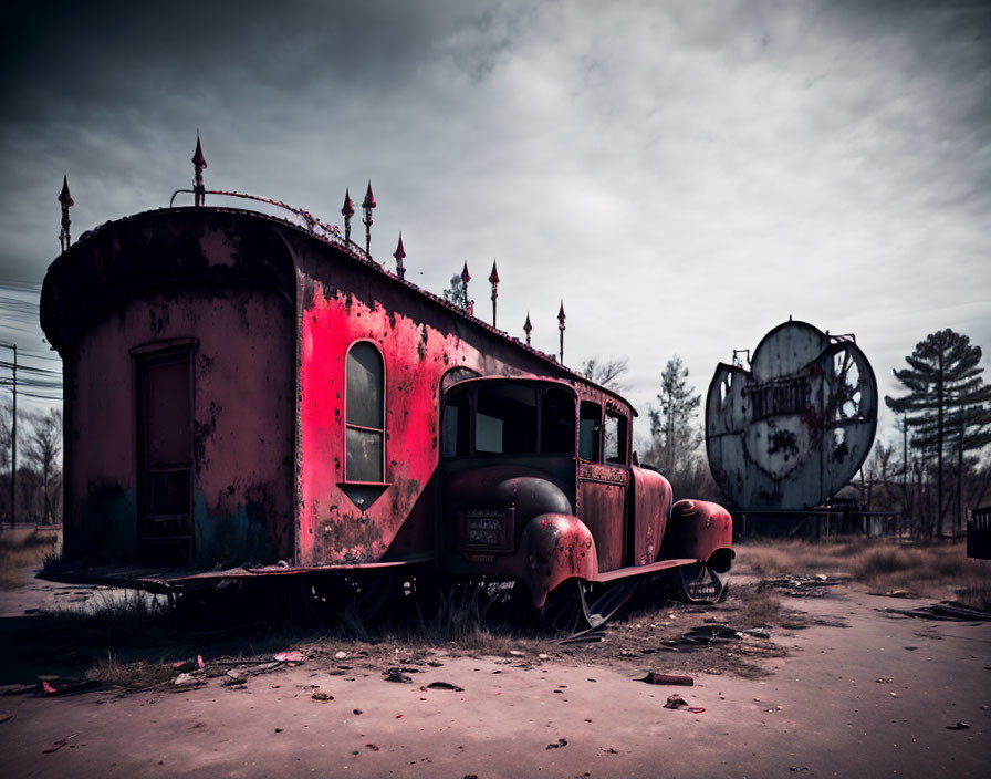 A creepy abandoned amusement park with rusted ride