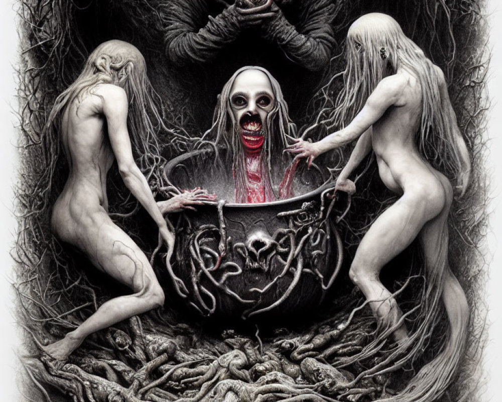 Monochrome fantasy art of three emaciated humanoid creatures in a ghastly scene.