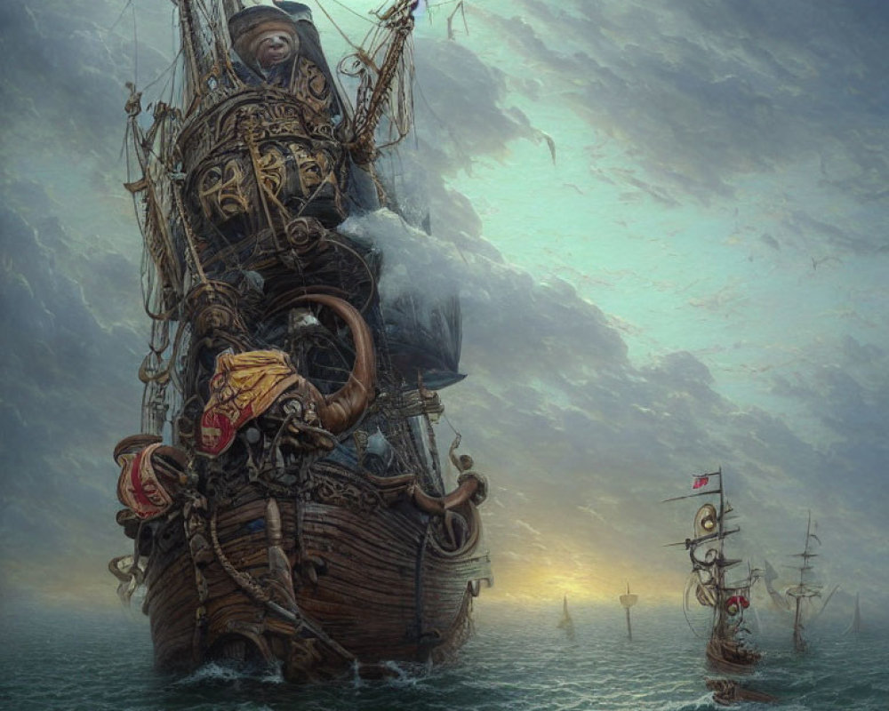 Ornate, fantastical ship with elaborate decorations sailing stormy seas