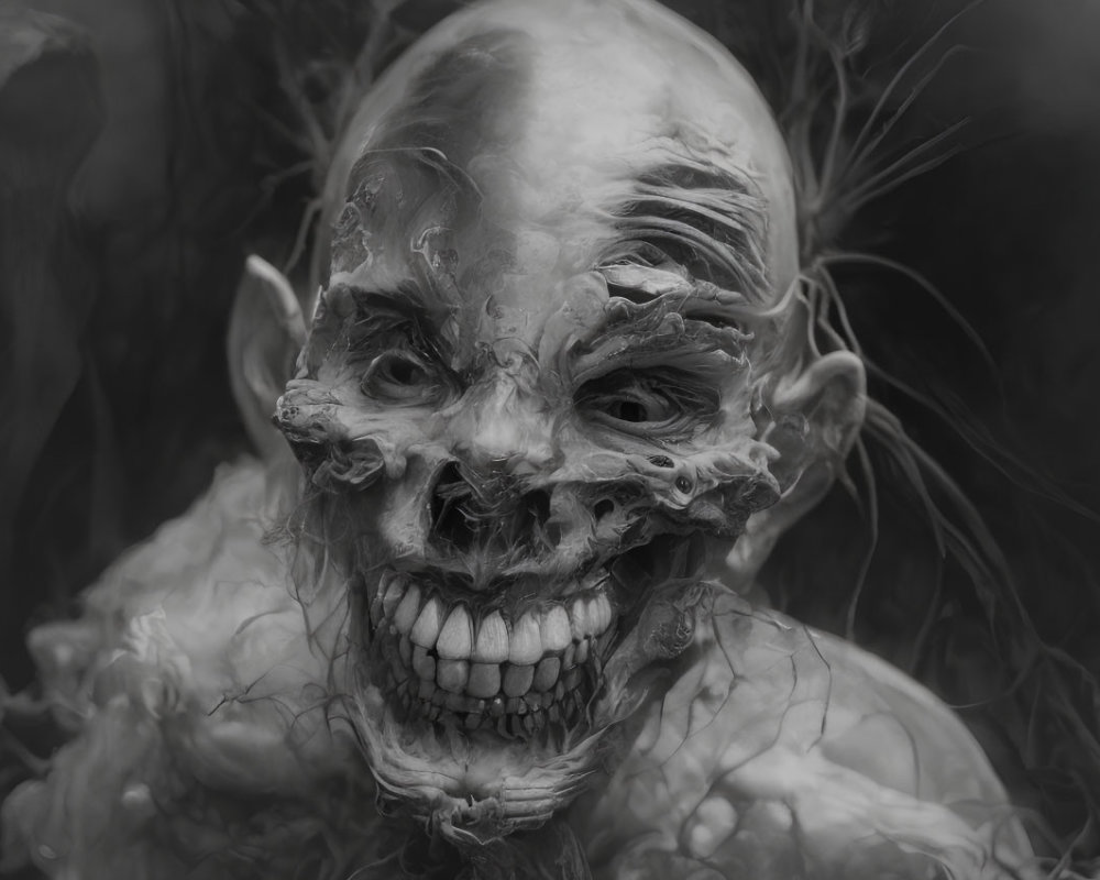 Grayscale image of sinister ghoulish creature with wide grin and sharp teeth
