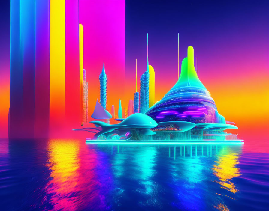 Futuristic cityscape with colorful, organic architecture on water surface