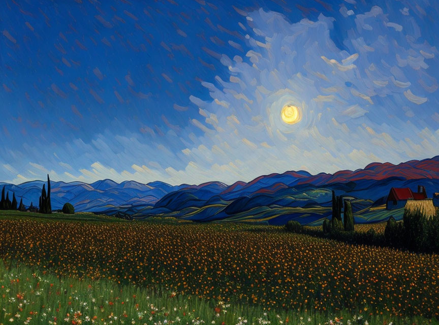 Vibrant landscape painting: rolling hills, flower field, bright moon, blue sky.