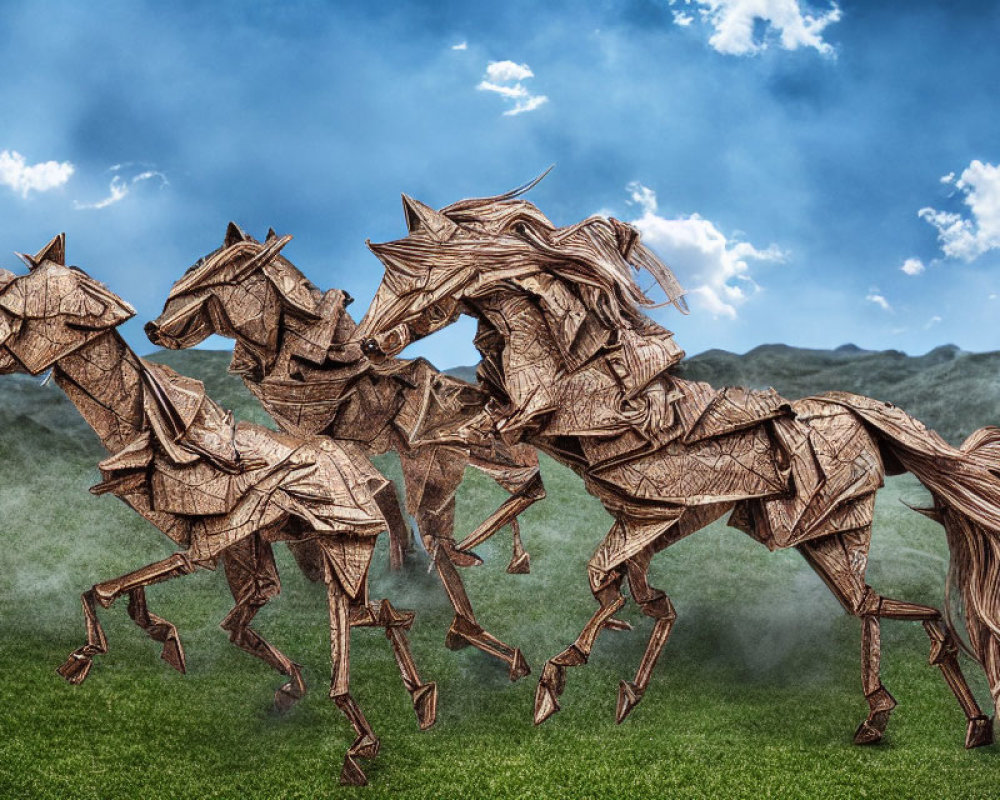 Intricate Origami Horses on Grass Landscape