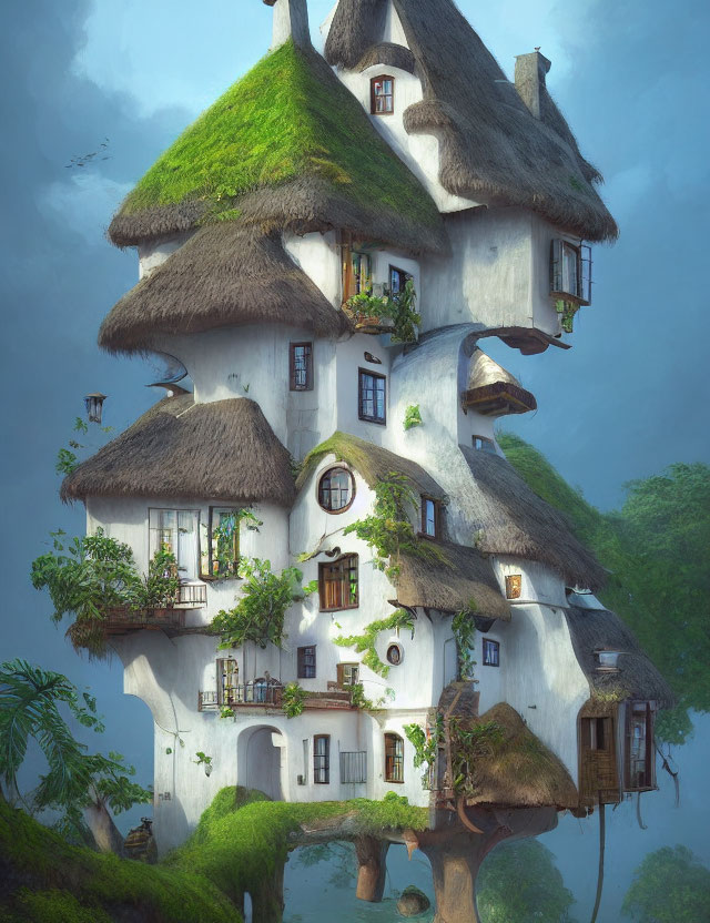 Whimsical multi-story treehouse with thatched roofs and lush greenery in misty setting