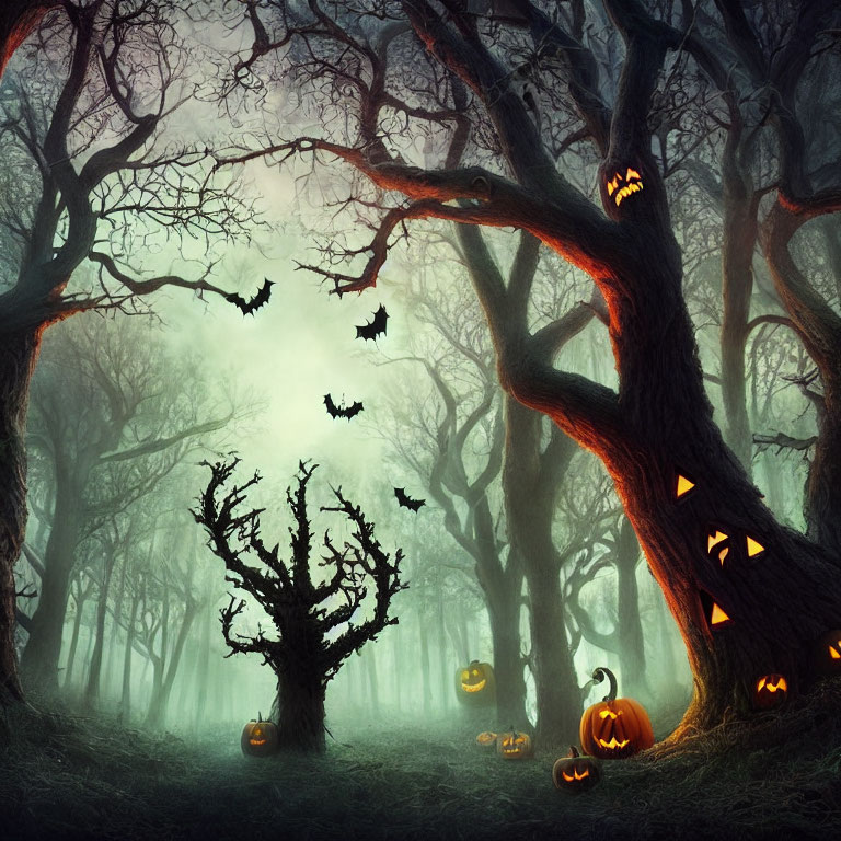 Eerie Halloween forest with jack-o'-lanterns, spooky trees, and bats