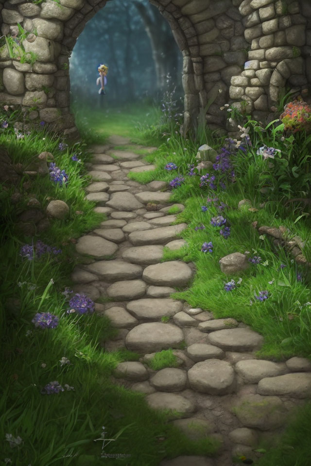 Tranquil stone path through forest with figure and lush greenery
