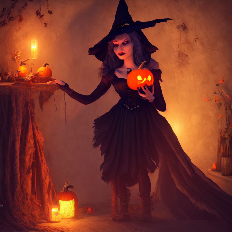Person in witch costume with jack-o'-lantern in Halloween-themed room