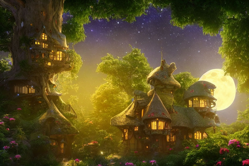 Magical Treehouses with Glowing Windows in Enchanted Forest