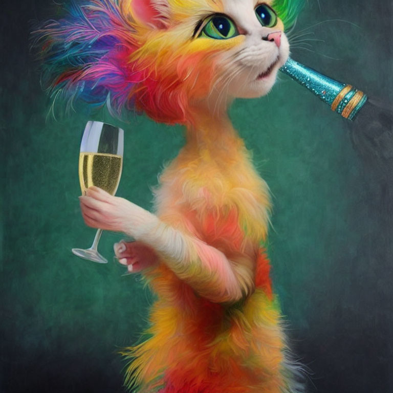 Colorful Cat Holding Champagne Glass with Party Blower Stand Against Muted Background