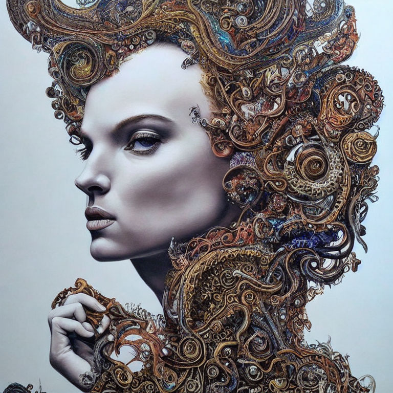 Intricate steampunk-style portrait of woman with ornate mechanical elements