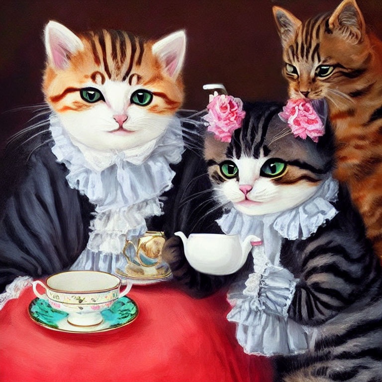 Anthropomorphized cats in elegant attire at tea party on dark background