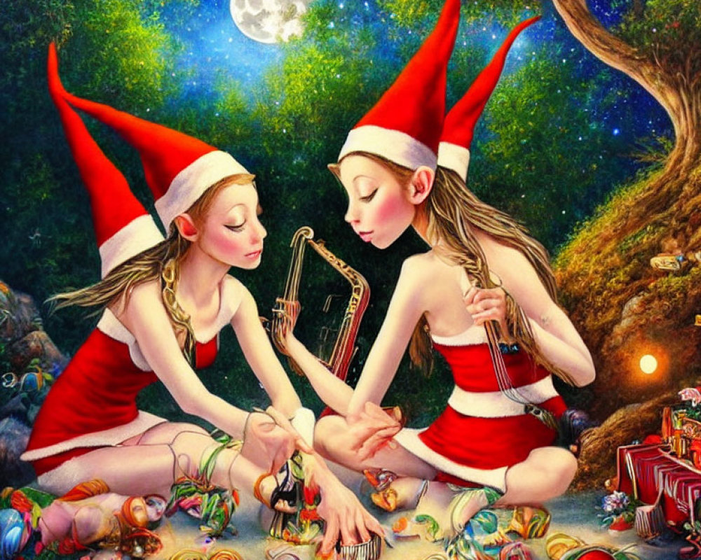 Elves playing music among candies under moonlit sky