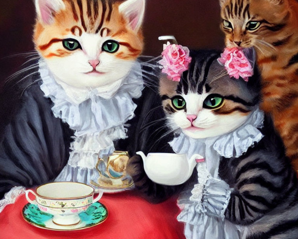 Anthropomorphized cats in elegant attire at tea party on dark background