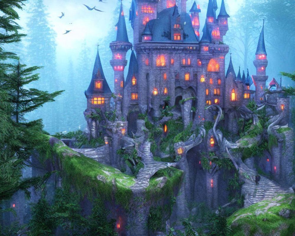 Enchanting castle in twilight forest with glowing windows and stone bridges