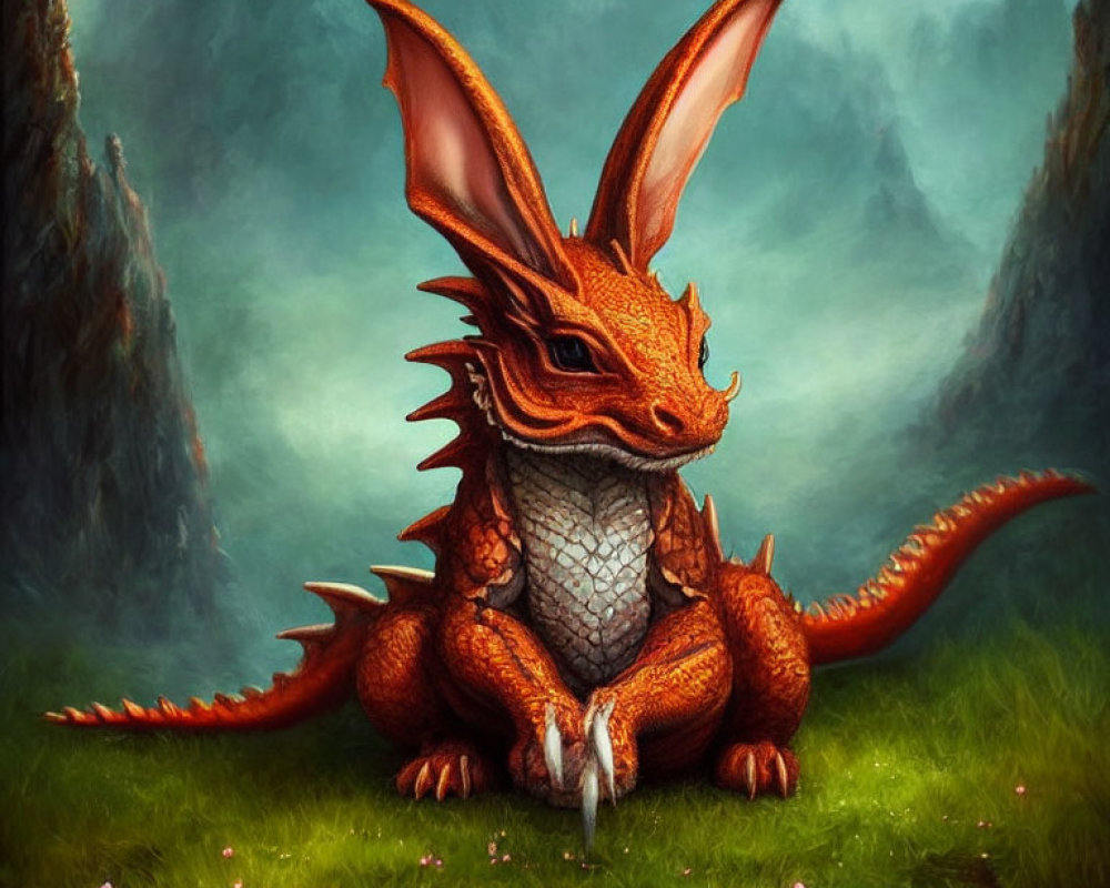 Red dragon with large ears and wings in mystical forest illustration