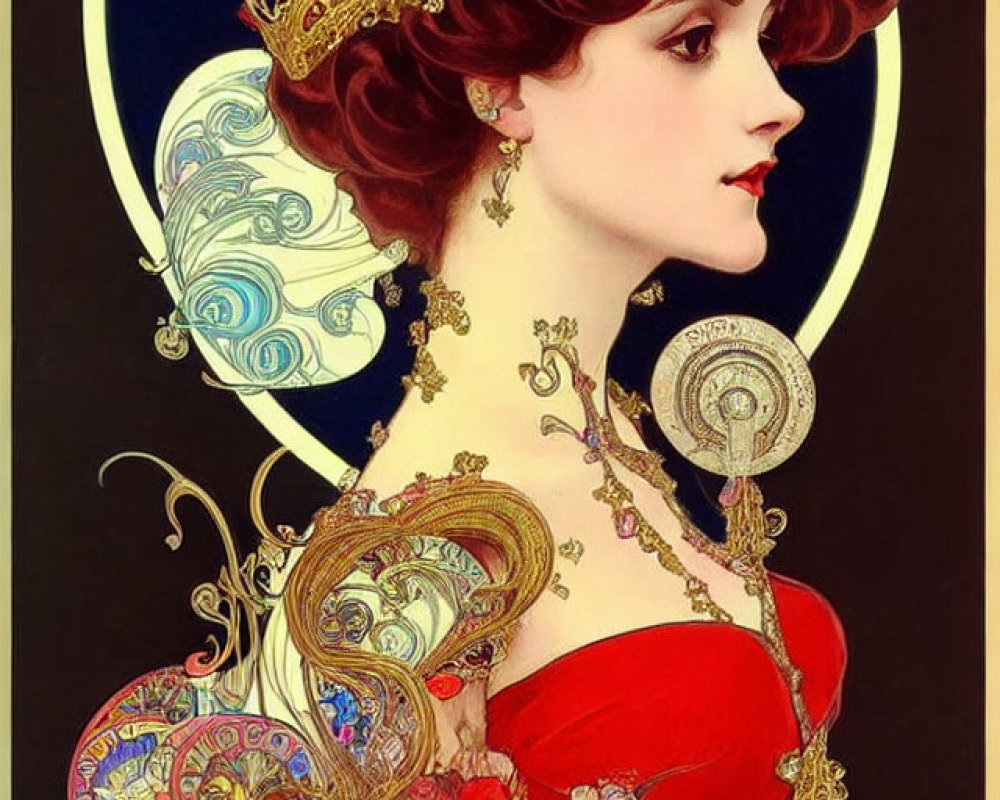 Majestic woman with crown and ornate jewelry in Art Nouveau style