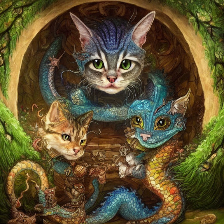 Detailed illustration of large cat's face over whimsical scene with smaller cats in tree hollow